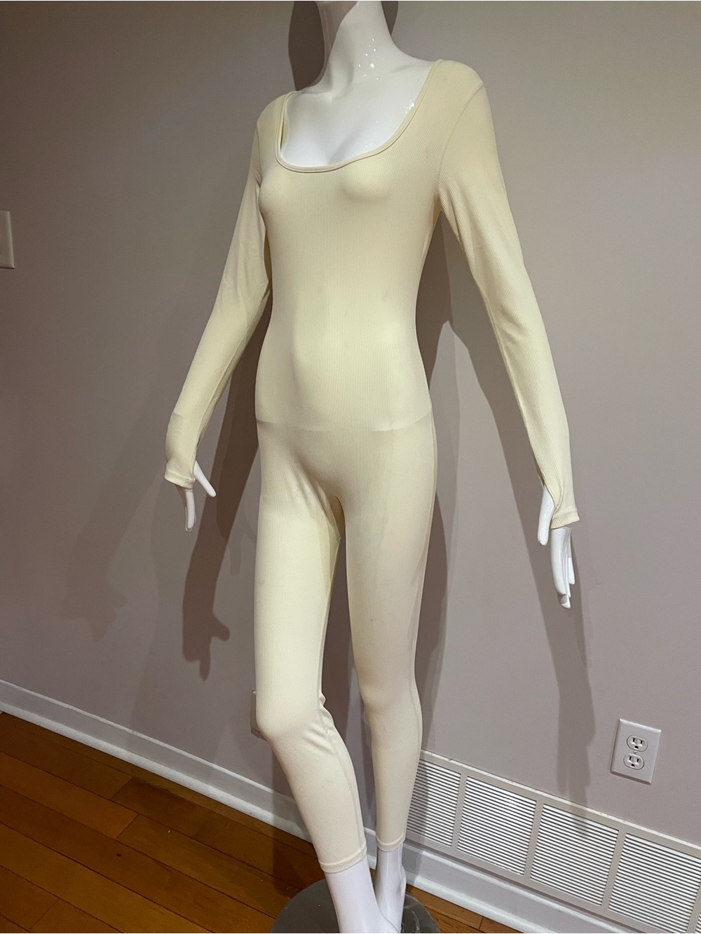 Cream Long-Sleeve Scoop Neck Jumpsuit